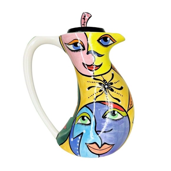 Vintage Larca Gallery Fine Art Hand Painted Abstract Faces Coffee Teapot Signed - Picture 2 of 14